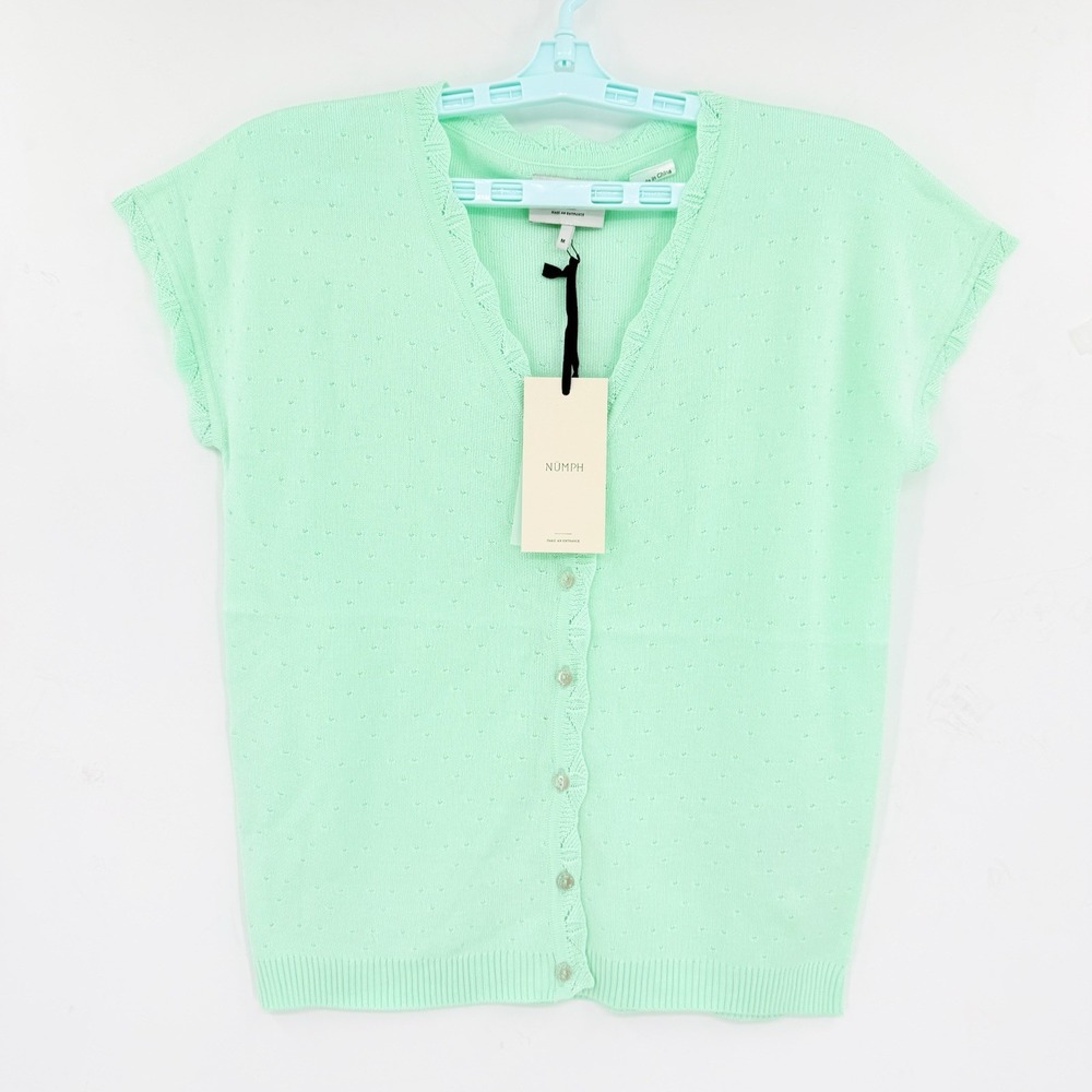 NUMPH Women's Kyoto Pullover Top Brook Green Pointelle Short-Sleeve Size M NWT